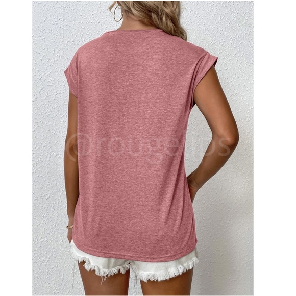 Pink Crew Neck Muscle Tee Top Shirt Cap Sleeve, Round Neck - Picture 6 of 8